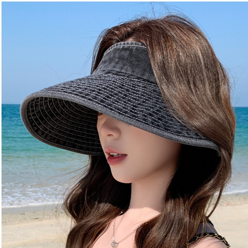 Womens Fashion Casual Sun Hat, Simple Versatile Washed Cowboy Hollow Top Hat with Large Ribbon, Stylish Beachwear