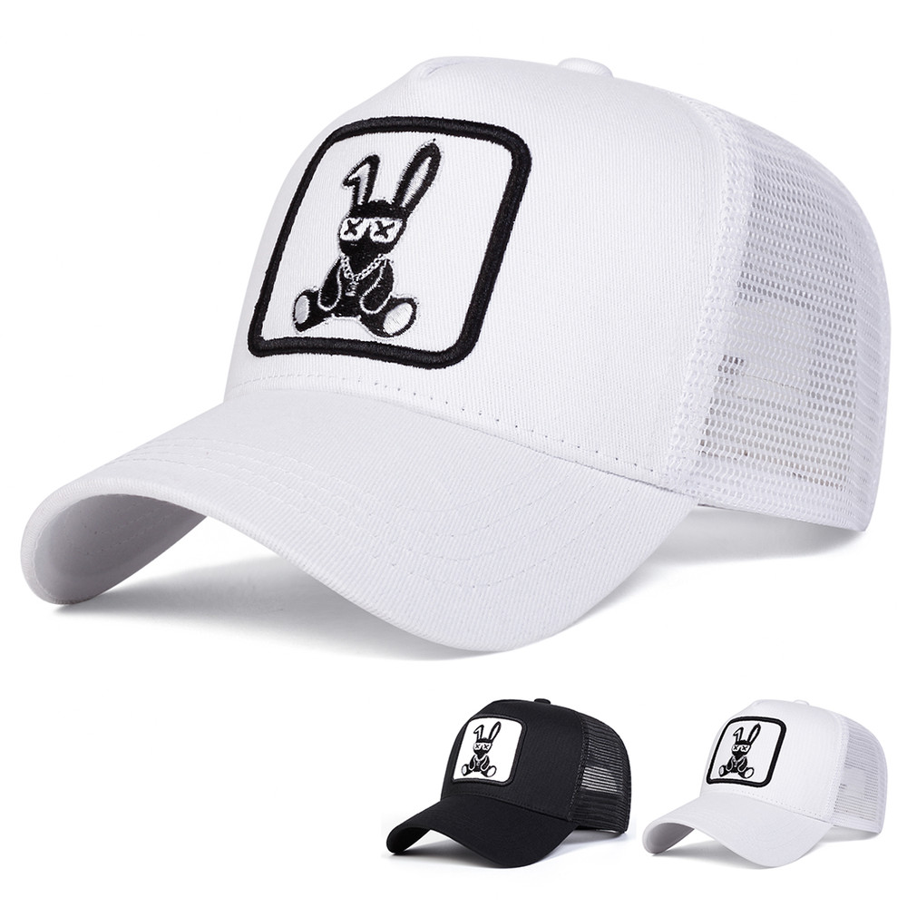 Spring Summer Outdoor Sunscreen Hat, Unisex Cartoon Rabbit Embroidery Baseball Net Caps, Adjustable Casual Trucker Hats