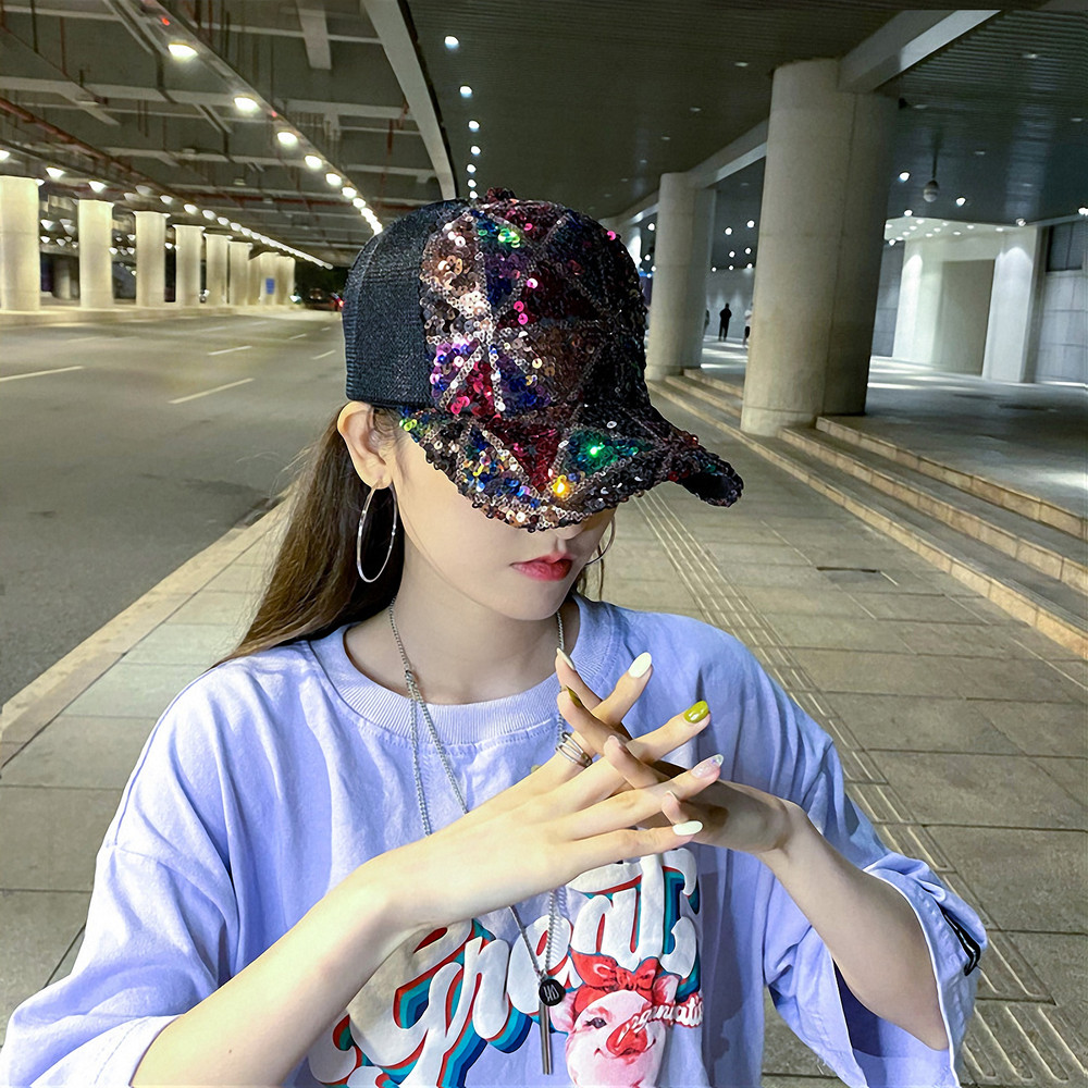 Shiny Sequin Mesh Adjustable Cotton Baseball Cap Sun Hat, Summer Lightweight Sparkle Hat for Women and Girls