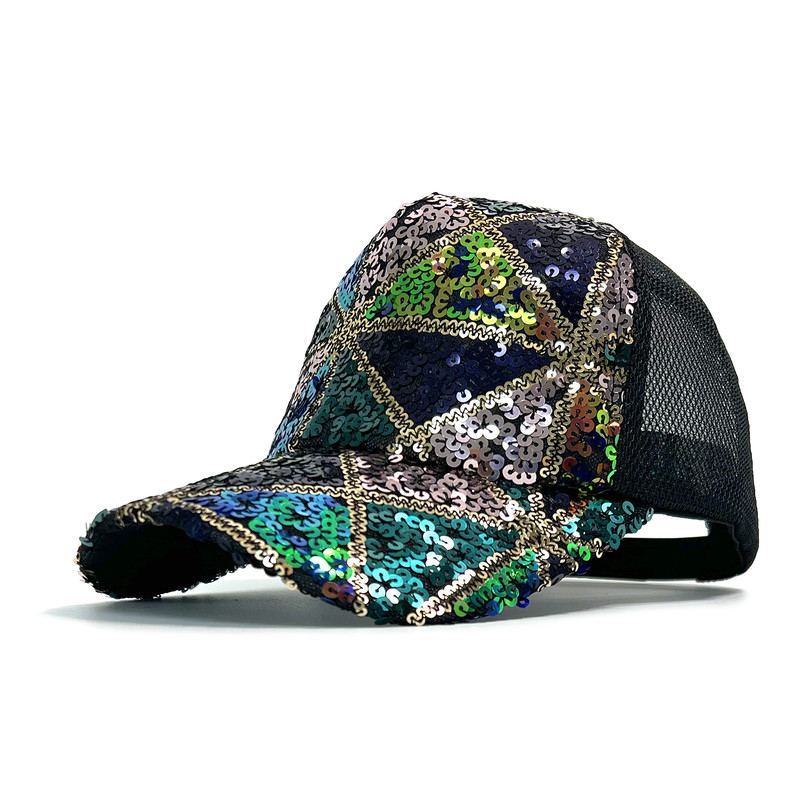 Shiny Sequin Mesh Adjustable Cotton Baseball Cap Sun Hat, Summer Lightweight Sparkle Hat for Women and Girls