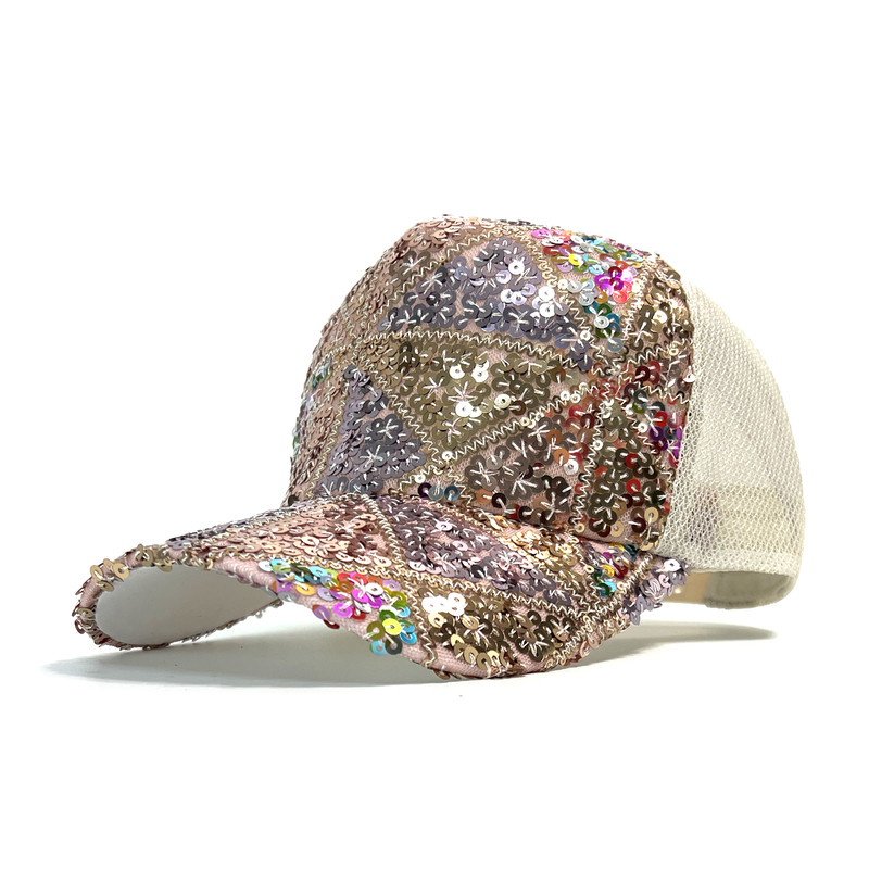 Shiny Sequin Mesh Adjustable Cotton Baseball Cap Sun Hat, Summer Lightweight Sparkle Hat for Women and Girls