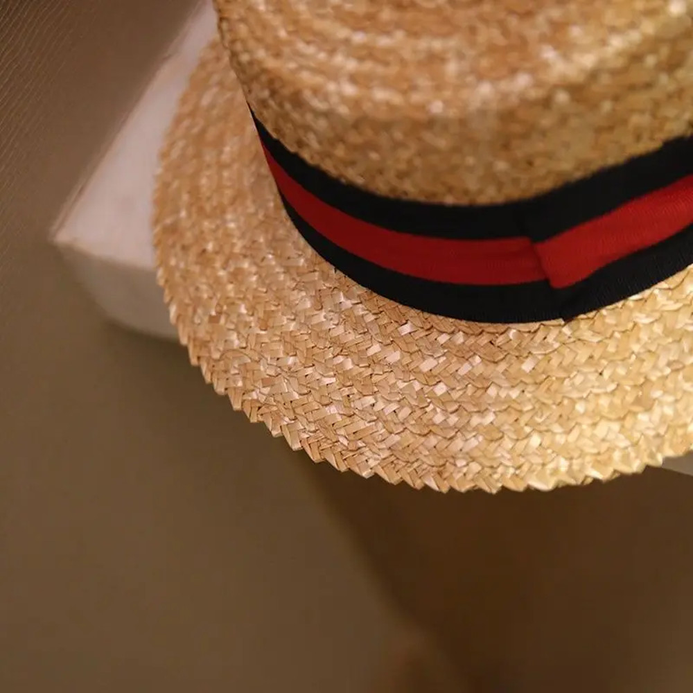 European And American Film Flat Top Hat British Striped Natural Straw Hat Casual Short Brim Flat Ea 3