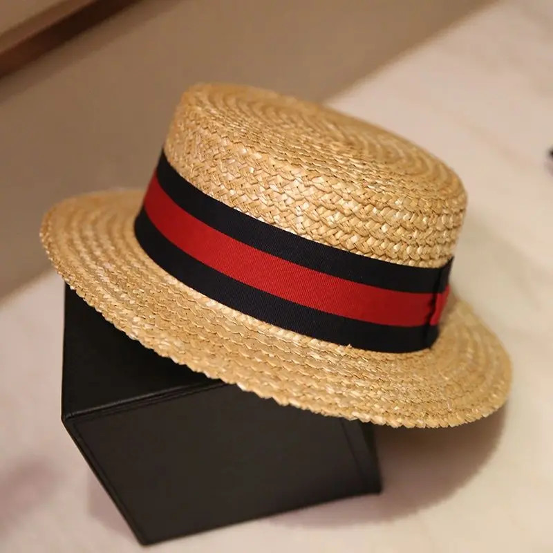 European And American Film Flat Top Hat British Striped Natural Straw Hat Casual Short Brim Flat Ea 4