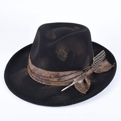 vintage fedora felt hat with feather, autumn casual wide brim black jazz cap, classic gentleman british top hat for men