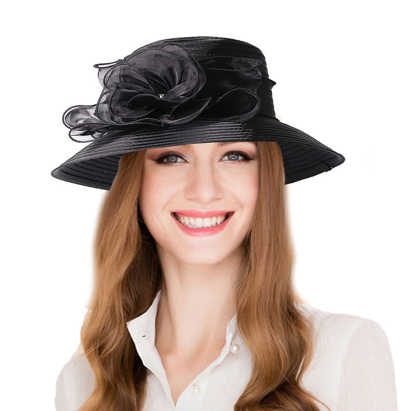 Elegant Black White Flower Fascinators Cap, FS Summer Wide Brim Church Hats for Women, Beach Sunshade Bucket Hat Sombrer