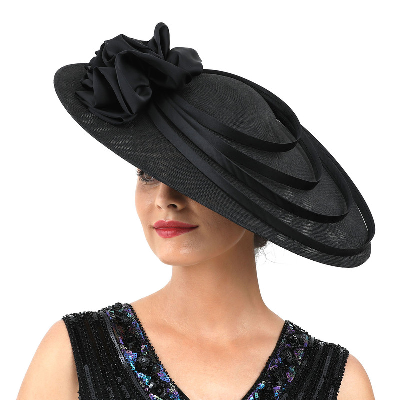 Kentucky Derby Hat Wedding Luxury, Black Large Flower Fascinator Sinamay Church Hat, Headband Hat Cocktail Tea Party