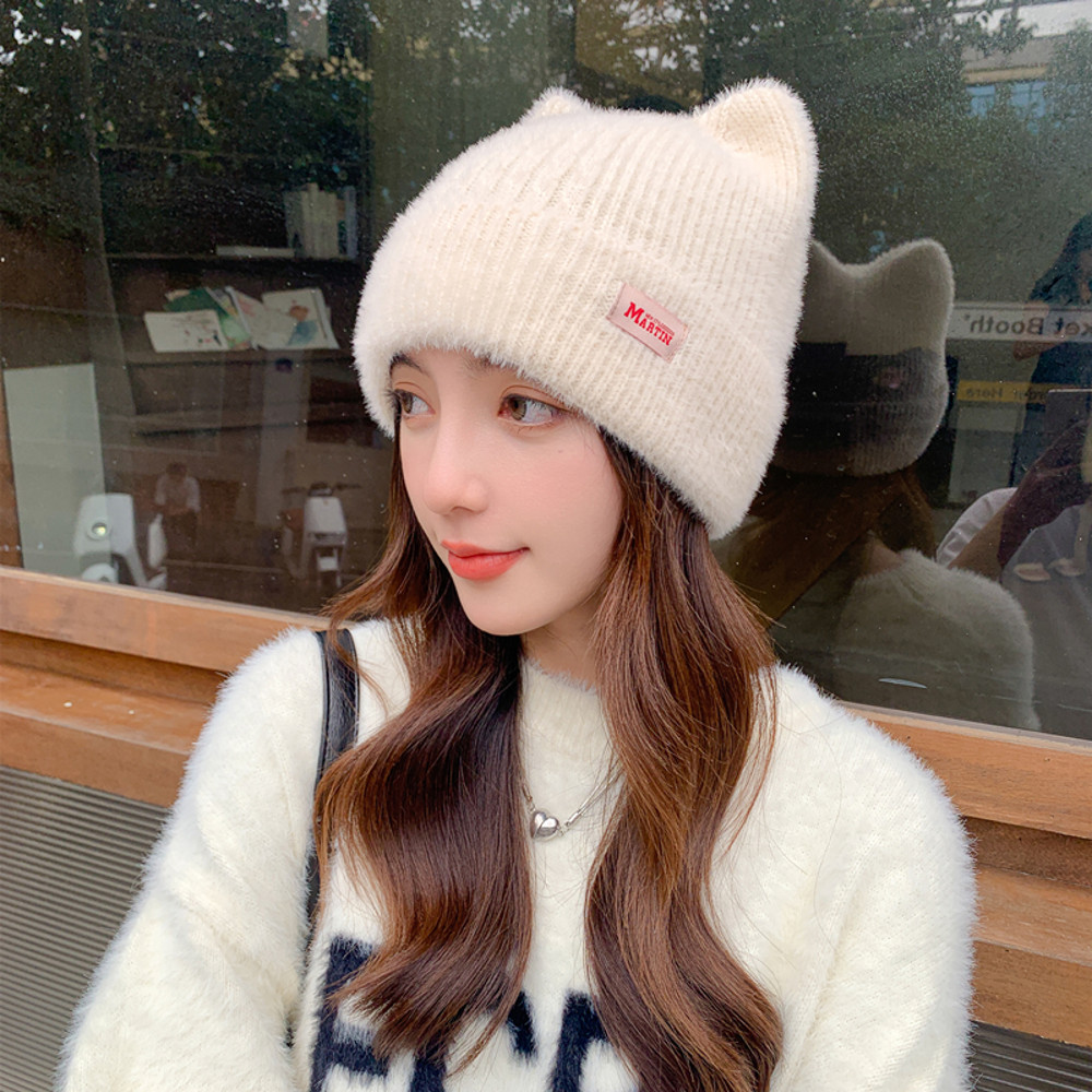 Fashion Faux Fur Knitted Hat New Women Cute Cat Ear Soft Beanie Kpop Style Earflap Winter Hat Candy 3