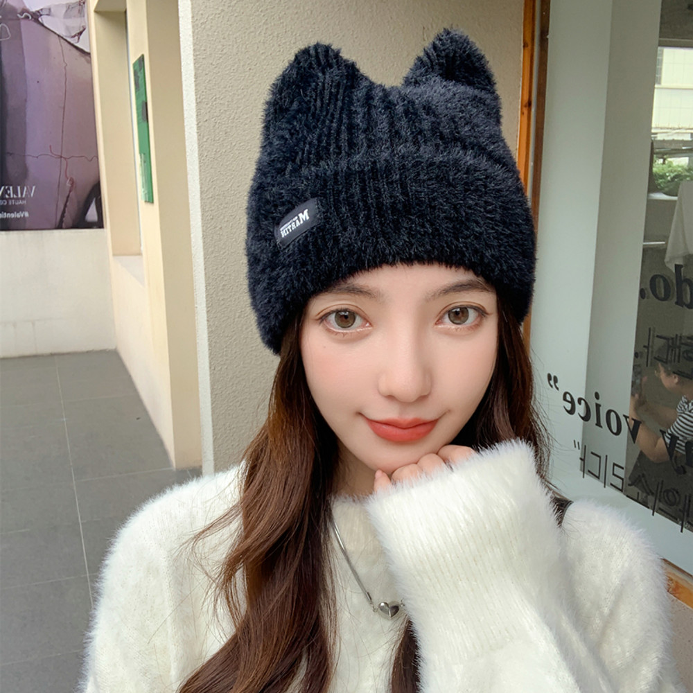 Fashion Faux Fur Knitted Hat New Women Cute Cat Ear Soft Beanie Kpop Style Earflap Winter Hat Candy 10