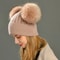 Women Winter Knitted Wool Hat, Double Real Raccoon Fur Pompom Beanie, Skullies Cap for Girls, Female Two Fur Pom Pom Hat