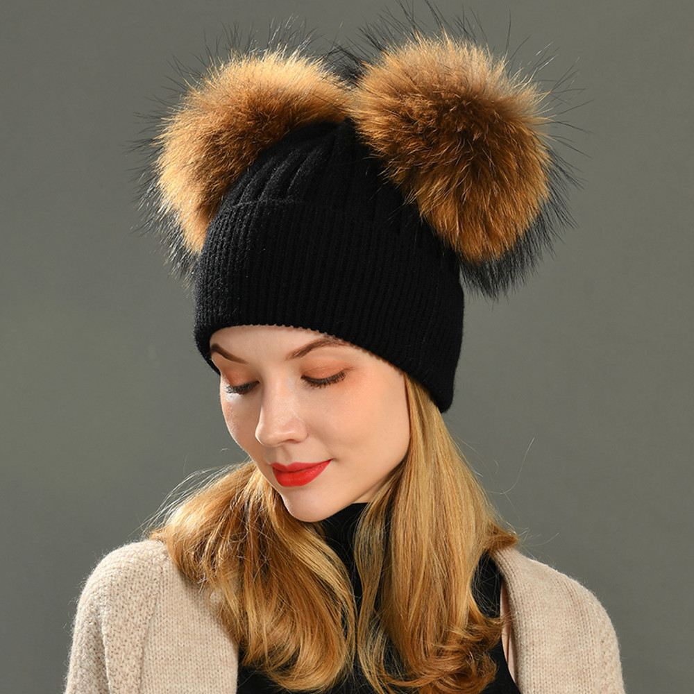 Women Winter Knitted Wool Hat, Double Real Raccoon Fur Pompom Beanie, Skullies Cap for Girls, Female Two Fur Pom Pom Hat