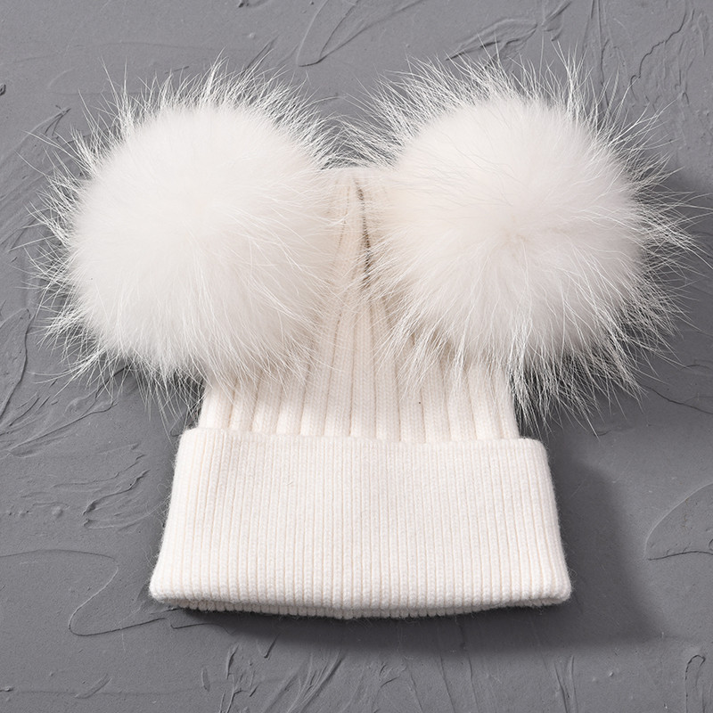 Women Winter Knitted Wool Hat, Double Real Raccoon Fur Pompom Beanie, Skullies Cap for Girls, Female Two Fur Pom Pom Hat