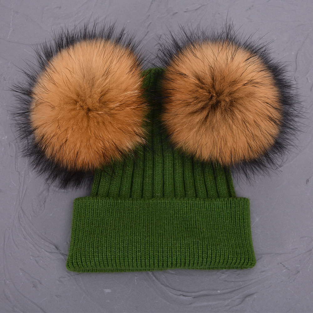 Women Winter Knitted Wool Hat, Double Real Raccoon Fur Pompom Beanie, Skullies Cap for Girls, Female Two Fur Pom Pom Hat