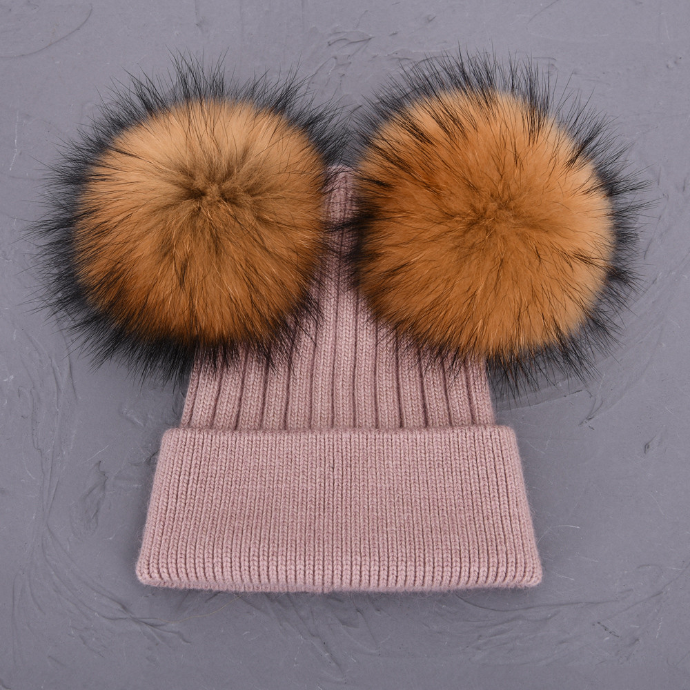 Women Winter Knitted Wool Hat, Double Real Raccoon Fur Pompom Beanie, Skullies Cap for Girls, Female Two Fur Pom Pom Hat