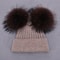 Women Winter Knitted Wool Hat, Double Real Raccoon Fur Pompom Beanie, Skullies Cap for Girls, Female Two Fur Pom Pom Hat