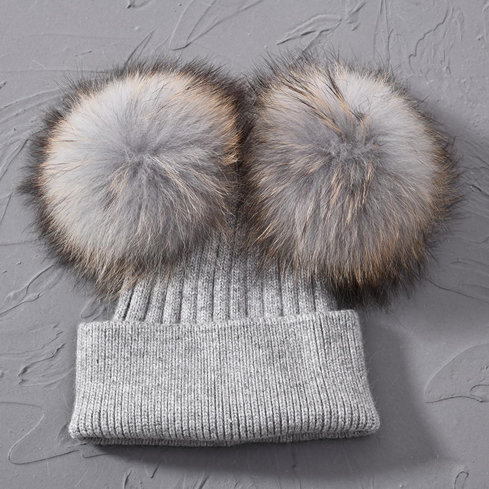 Women Winter Knitted Wool Hat, Double Real Raccoon Fur Pompom Beanie, Skullies Cap for Girls, Female Two Fur Pom Pom Hat