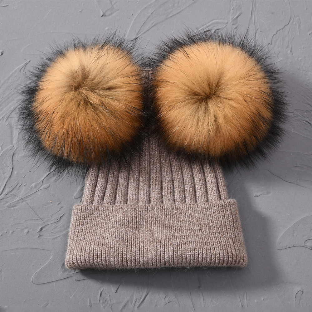 Women Winter Knitted Wool Hat, Double Real Raccoon Fur Pompom Beanie, Skullies Cap for Girls, Female Two Fur Pom Pom Hat