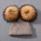 Women Winter Knitted Wool Hat, Double Real Raccoon Fur Pompom Beanie, Skullies Cap for Girls, Female Two Fur Pom Pom Hat