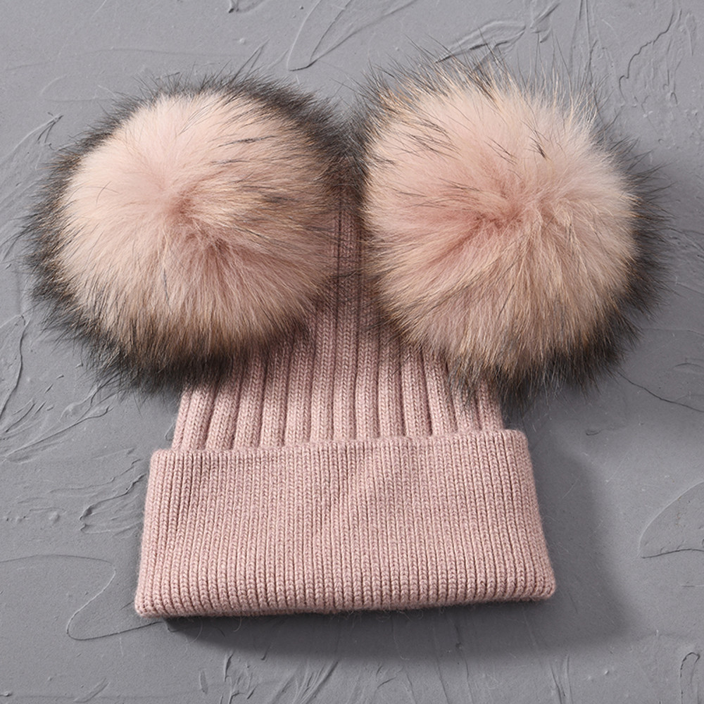 Women Winter Knitted Wool Hat, Double Real Raccoon Fur Pompom Beanie, Skullies Cap for Girls, Female Two Fur Pom Pom Hat