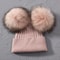 Women Winter Knitted Wool Hat, Double Real Raccoon Fur Pompom Beanie, Skullies Cap for Girls, Female Two Fur Pom Pom Hat