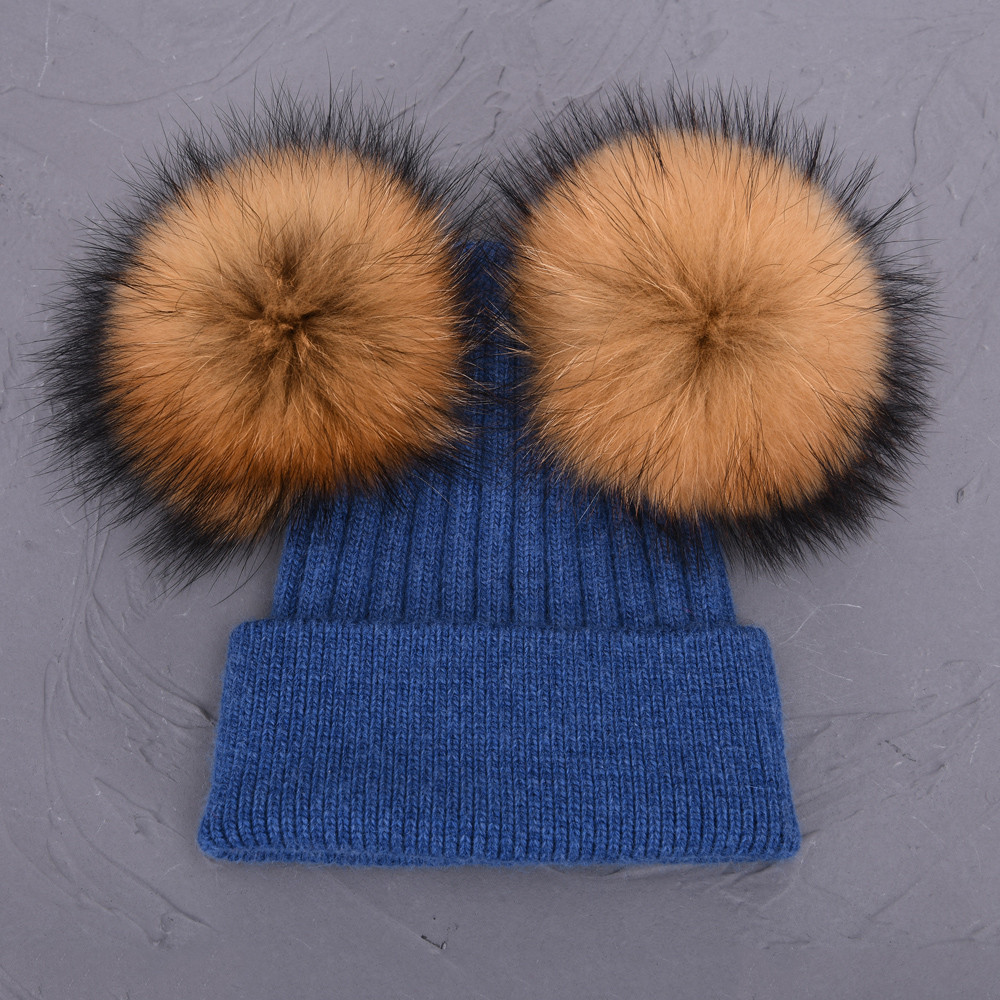 Women Winter Knitted Wool Hat, Double Real Raccoon Fur Pompom Beanie, Skullies Cap for Girls, Female Two Fur Pom Pom Hat