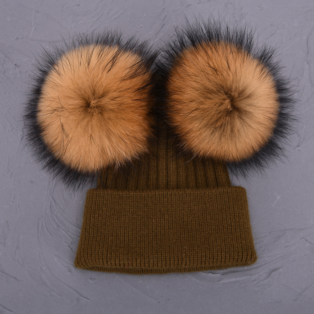 Women Winter Knitted Wool Hat, Double Real Raccoon Fur Pompom Beanie, Skullies Cap for Girls, Female Two Fur Pom Pom Hat