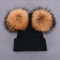 Women Winter Knitted Wool Hat, Double Real Raccoon Fur Pompom Beanie, Skullies Cap for Girls, Female Two Fur Pom Pom Hat