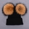 Women Winter Knitted Wool Hat, Double Real Raccoon Fur Pompom Beanie, Skullies Cap for Girls, Female Two Fur Pom Pom Hat