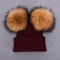 Women Winter Knitted Wool Hat, Double Real Raccoon Fur Pompom Beanie, Skullies Cap for Girls, Female Two Fur Pom Pom Hat