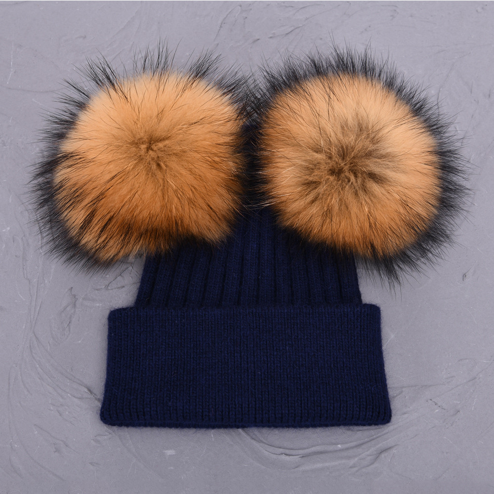 Women Winter Knitted Wool Hat, Double Real Raccoon Fur Pompom Beanie, Skullies Cap for Girls, Female Two Fur Pom Pom Hat