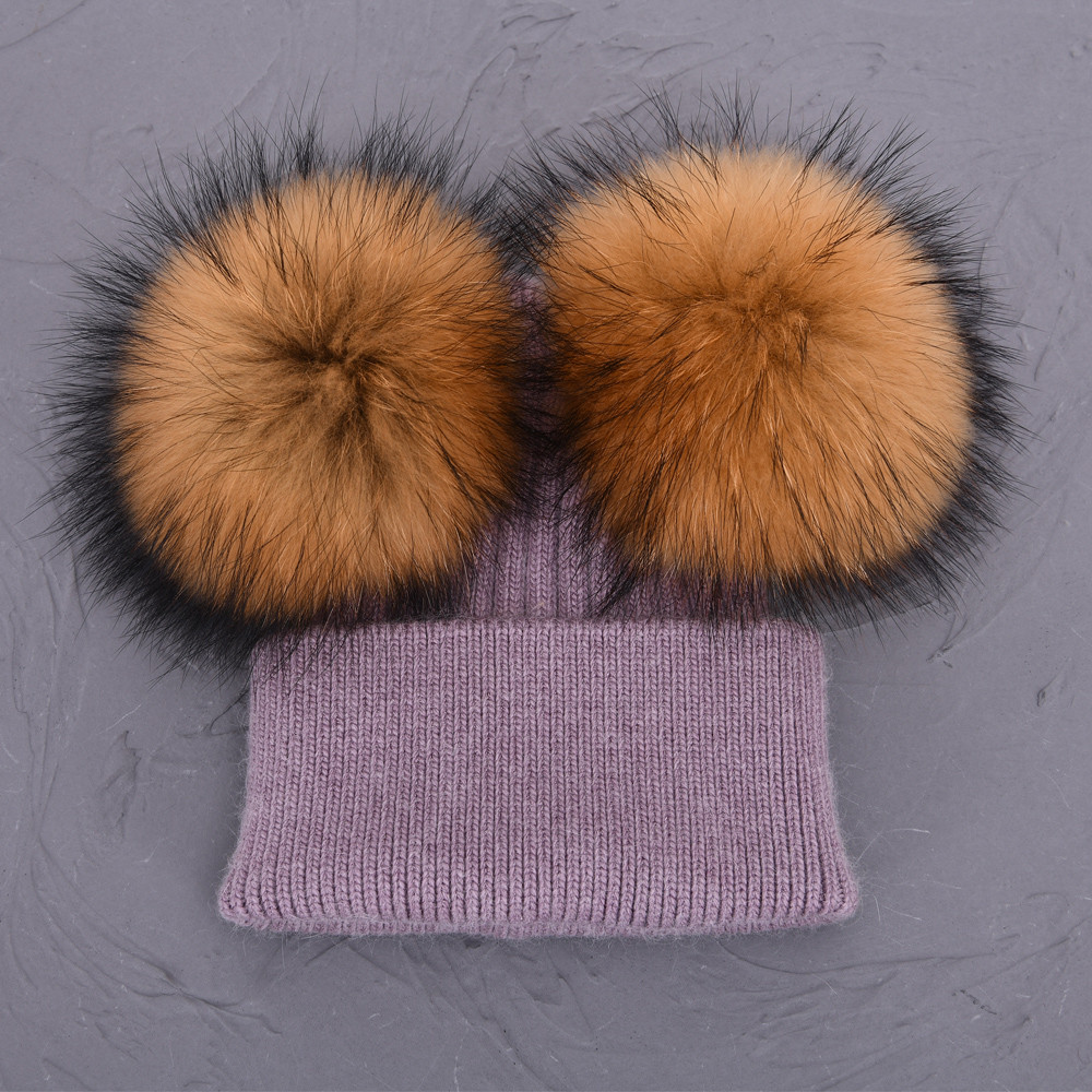 Women Winter Knitted Wool Hat, Double Real Raccoon Fur Pompom Beanie, Skullies Cap for Girls, Female Two Fur Pom Pom Hat