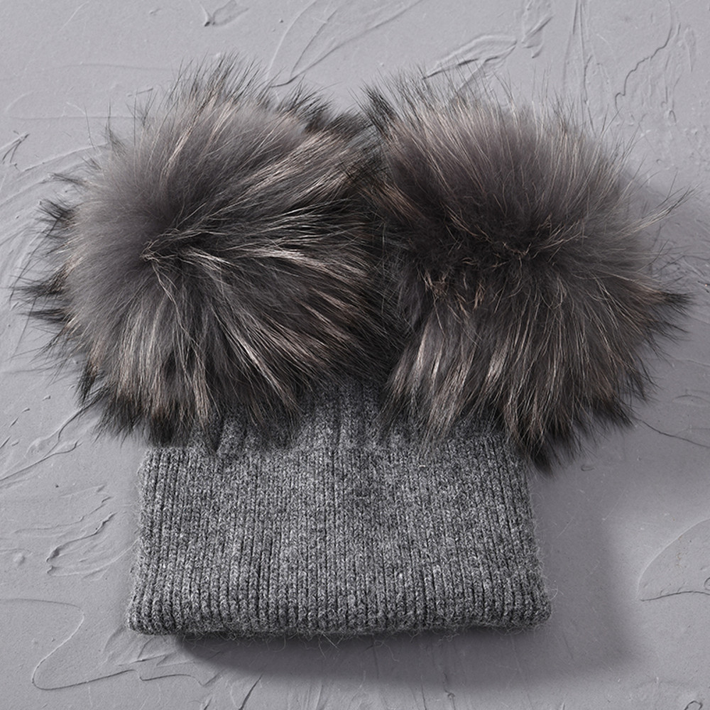 Women Winter Knitted Wool Hat, Double Real Raccoon Fur Pompom Beanie, Skullies Cap for Girls, Female Two Fur Pom Pom Hat