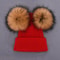 Women Winter Knitted Wool Hat, Double Real Raccoon Fur Pompom Beanie, Skullies Cap for Girls, Female Two Fur Pom Pom Hat