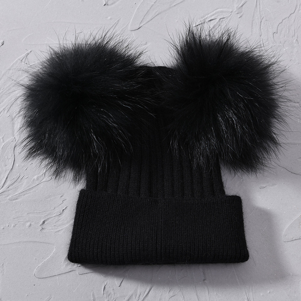 Women Winter Knitted Wool Hat, Double Real Raccoon Fur Pompom Beanie, Skullies Cap for Girls, Female Two Fur Pom Pom Hat
