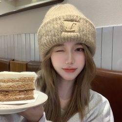 coarse knit hat, letter l solid color skullcap, winter warm earmuffs cap for women and girls ski bonnet