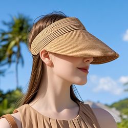 foldable straw visor for women, breathable woven summer hat, adjustable black headband for travel and outdoor use.