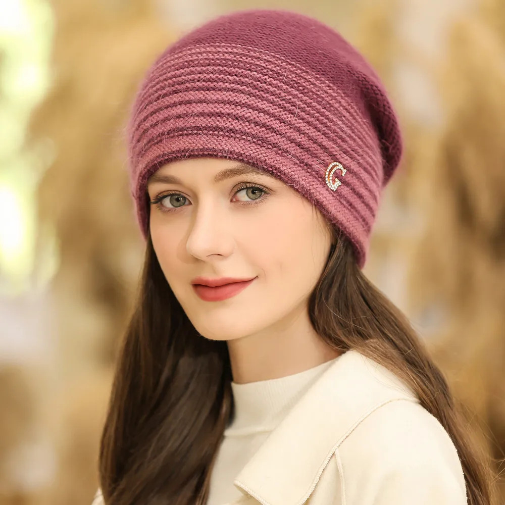 Rabbit Fur Blend Warm Beanie Women Winter Knitted Hat YZK G Letter Streetwear Beanie For Female 4