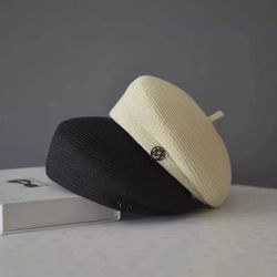 elegant straw fedora, women's fashion summer beret, retro casual painter hat, fine stereotype celebrity style.