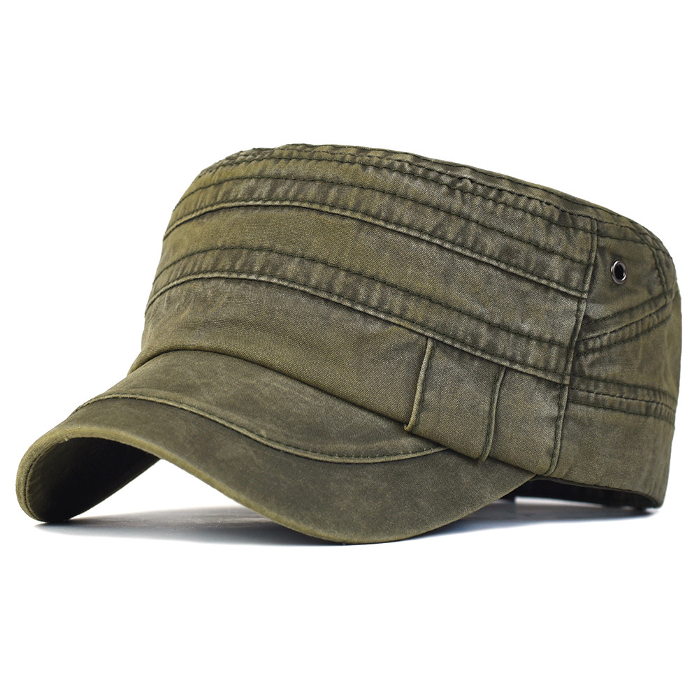 Washed Cotton Flat Cap, Unique Design Military Hat for Men Women, Four Seasons Vintage Flat Top Cap.