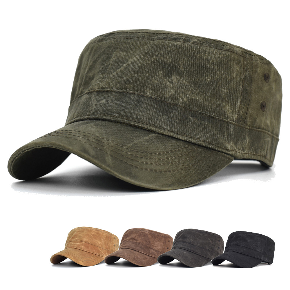 Men Waterproof Cadet Army Cap Waxed Canvas Cotton Military Caps Vintage Flat Top Hat With Unique De 0