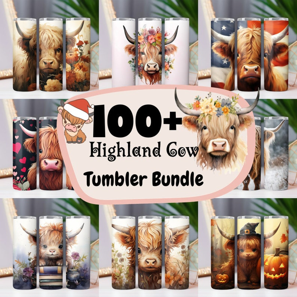 Highland Cow Tumbler Wrap Bundle 20oz Skinny & Straight Tumbler Highland Cow PNG Sublimation Design Digital Download Western1.jpg