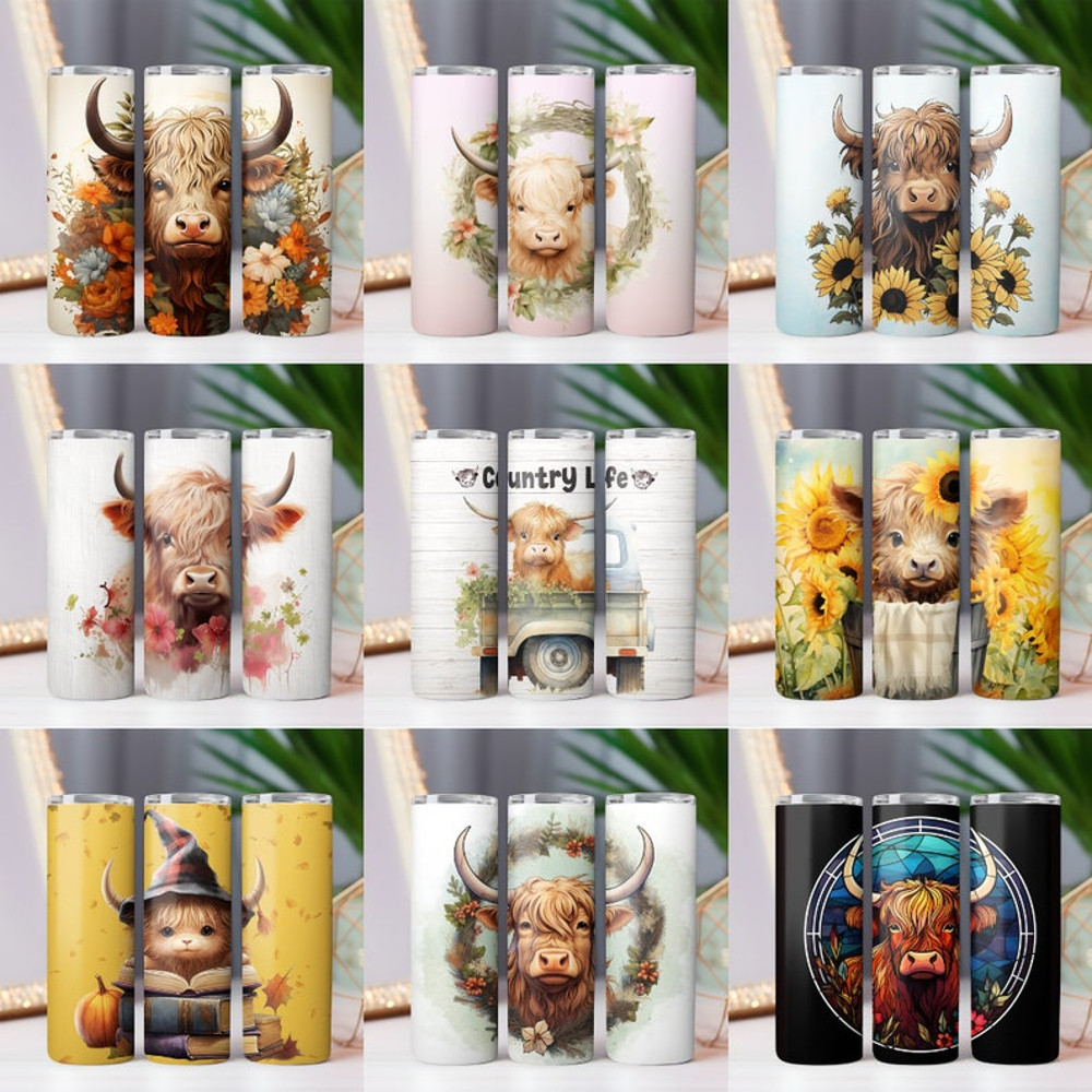 Highland Cow Tumbler Wrap Bundle 20oz Skinny & Straight Tumbler Highland Cow PNG Sublimation Design Digital Download Western2.jpg