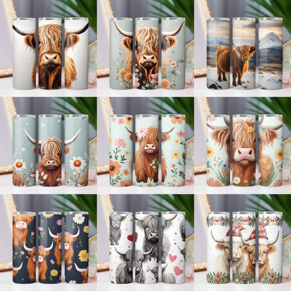 Highland Cow Tumbler Wrap Bundle 20oz Skinny & Straight Tumbler Highland Cow PNG Sublimation Design Digital Download Western5.jpg