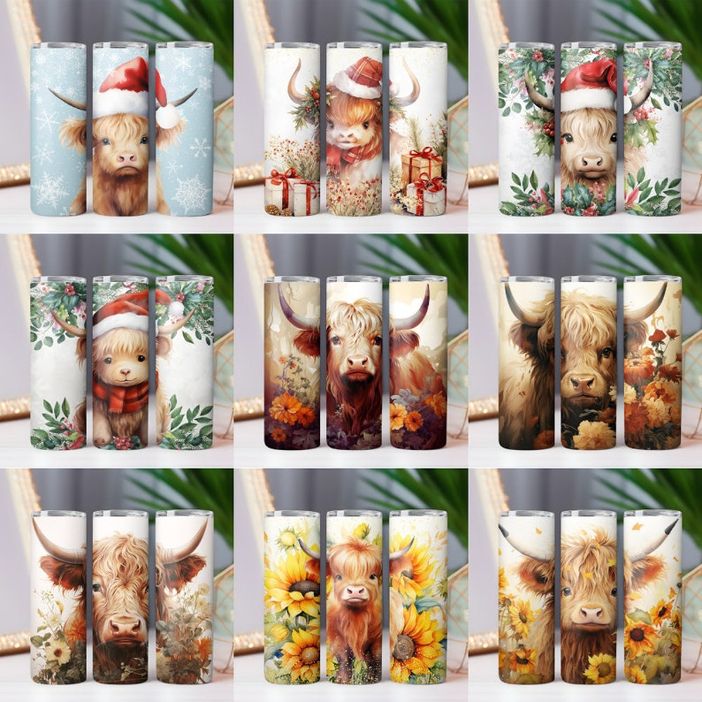 Highland Cow Tumbler Wrap Bundle 20oz Skinny & Straight Tumbler Highland Cow PNG Sublimation Design Digital Download Western6.jpg