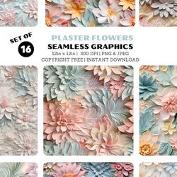 Plaster Flower Seamless Patterns - High Resolution Digital PNG & JPG, Instant Download for Creative and Business Use