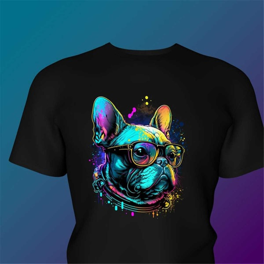 crazy french bulldog shirt in neon colors, colorful cute dog with glasses, dog dad gift, dog dad shirt, Unisex T-Shirts