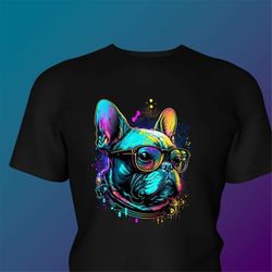 crazy french bulldog shirt in neon colors, colorful cute dog with glasses, dog dad gift, dog dad shirt, unisex t-shirts