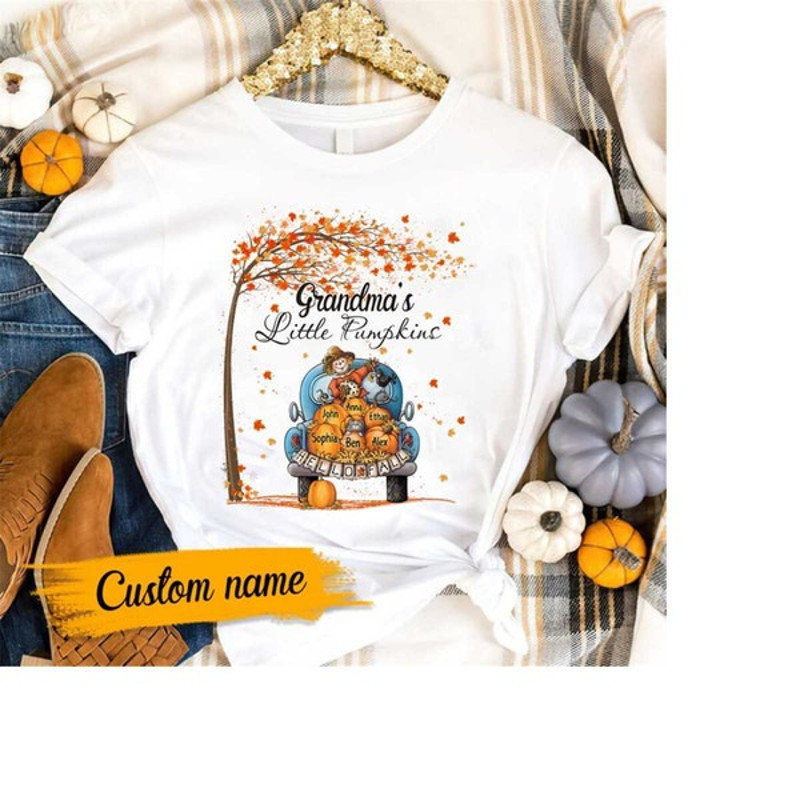 Personalized Grandma Punpkins Shirt, Scarecrow Grandma Pumpkin Patch Shirt, Unisex T-Shirts
