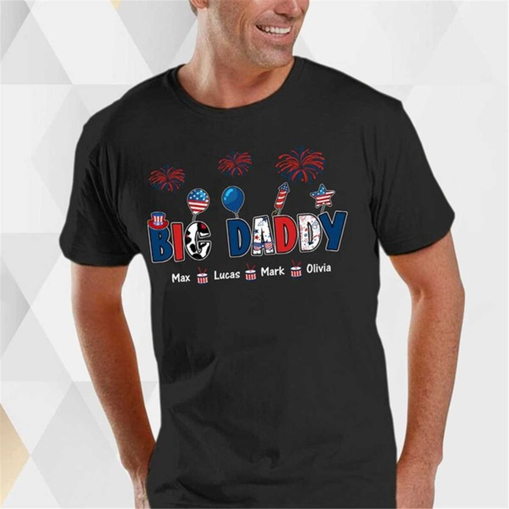 Personalized Grandpa 4th Of July Shirt, American Flag Patriotic Big Daddy With Kid Names Custom Tee, Unisex T-Shirt