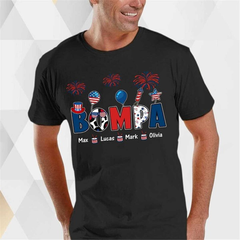 Personalized Grandpa 4th Of July Shirt, American Flag Patriotic Bompa With Kid Names Matching Shirt, Unisex T-Shirt