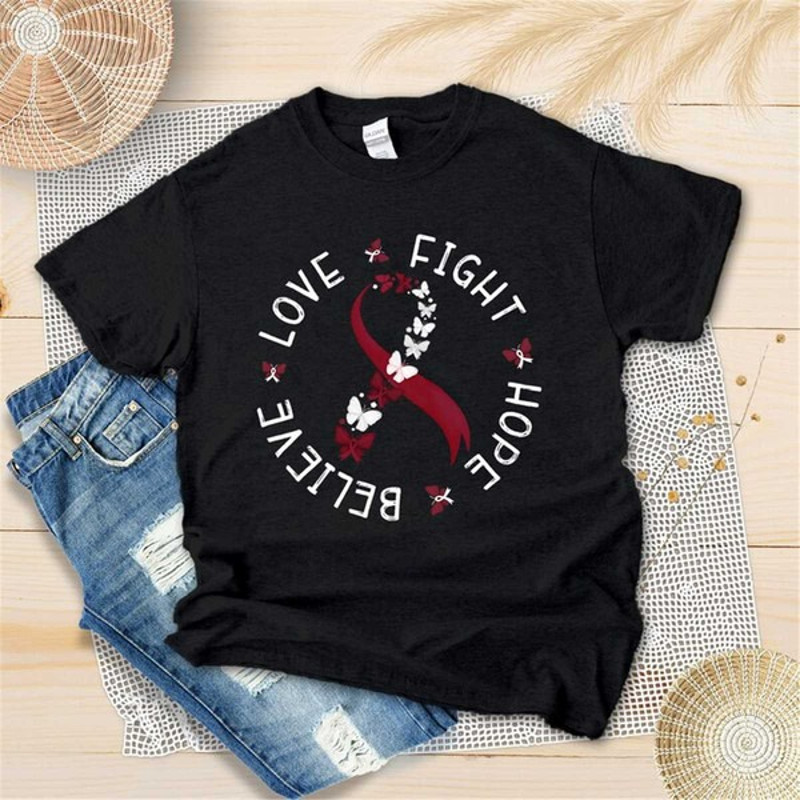 Burgundy Ribbon Head And Neck Cancer Shirt - Love Fight Hope Believe, Unisex T-Shirt